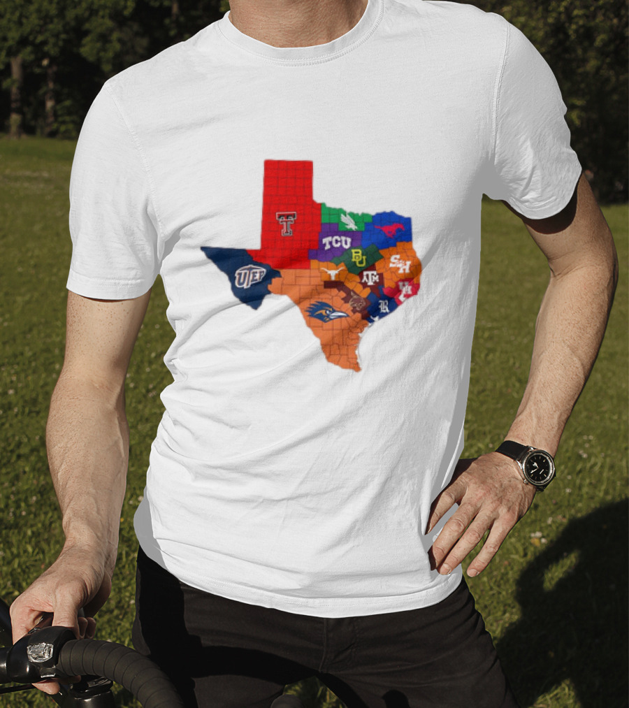 Map Of Texas College Football Teams Featuring TCU Baylor Texas A&M Texas Tech UTEP T-Shirt