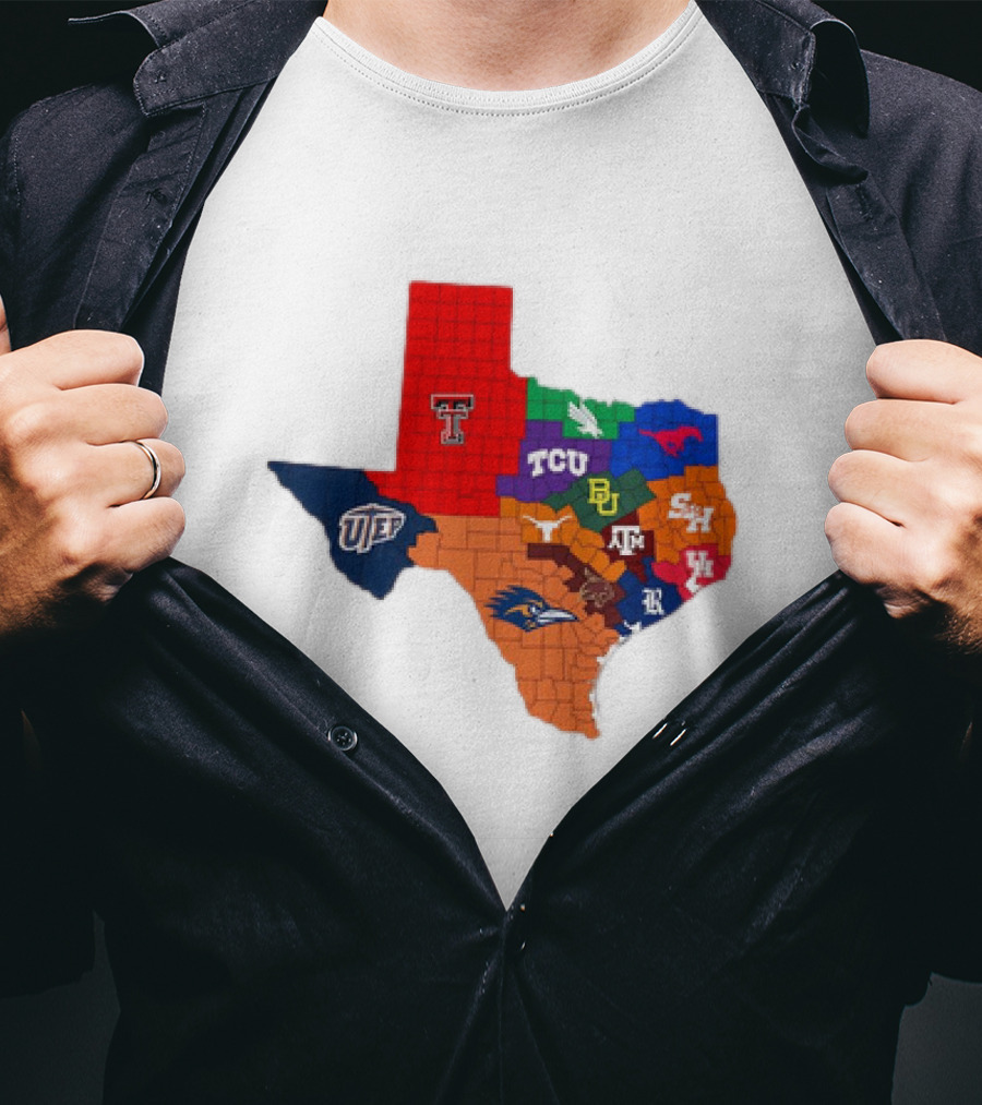 Map Of Texas College Football Teams Featuring TCU Baylor Texas A&M Texas Tech UTEP T-Shirt