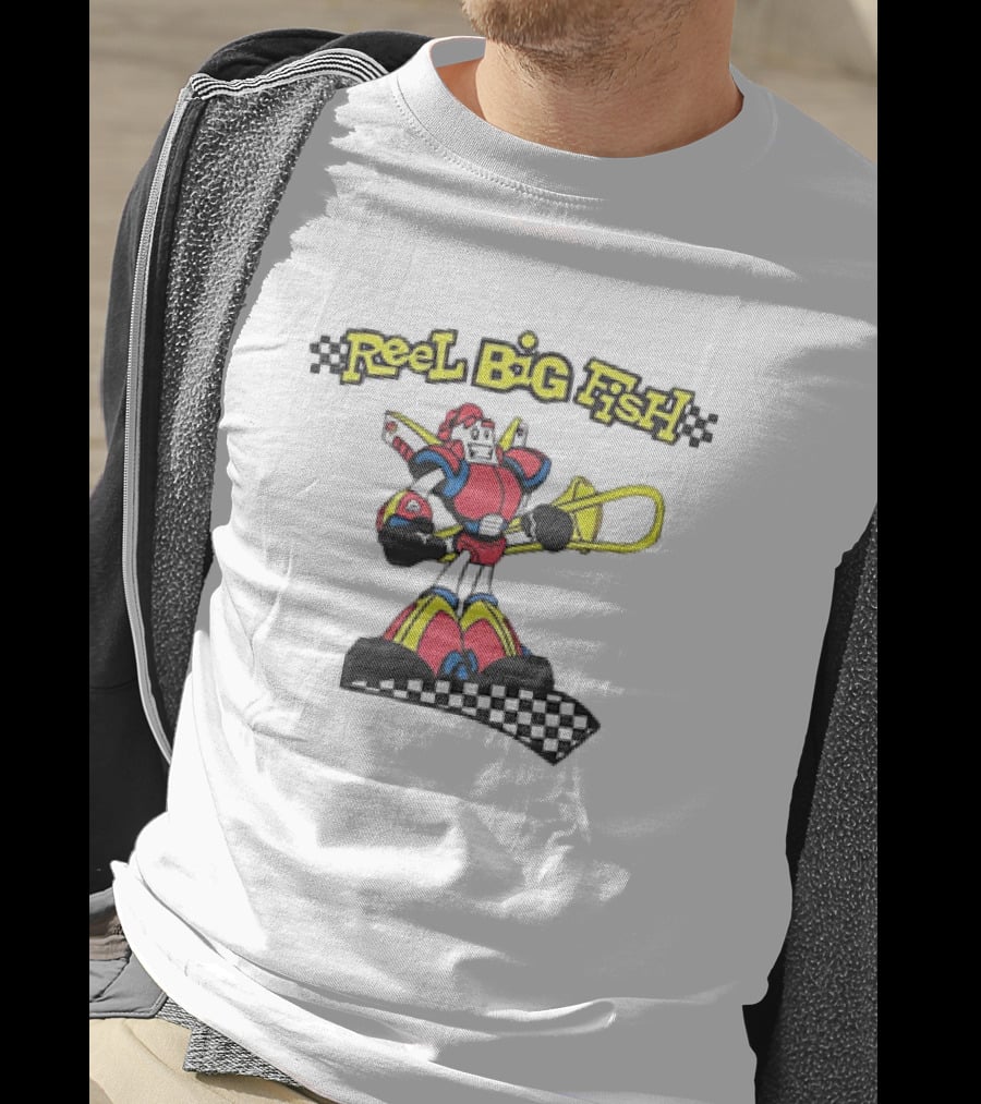 Reel Big Fish Robot Character With Trombone And Checkerboard T-Shirt