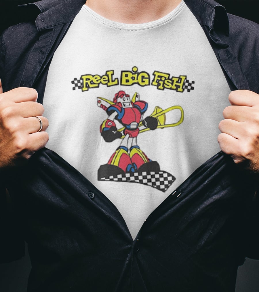 Reel Big Fish Robot Character With Trombone And Checkerboard T-Shirt