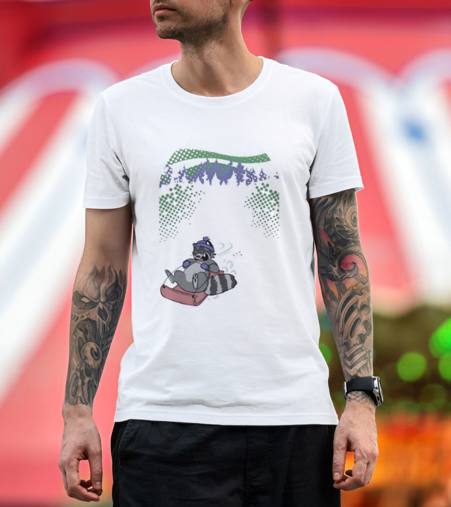 Raccoon Sledding in Winter Forest Scene with Evergreen Trees and Snowflakes T-Shirt