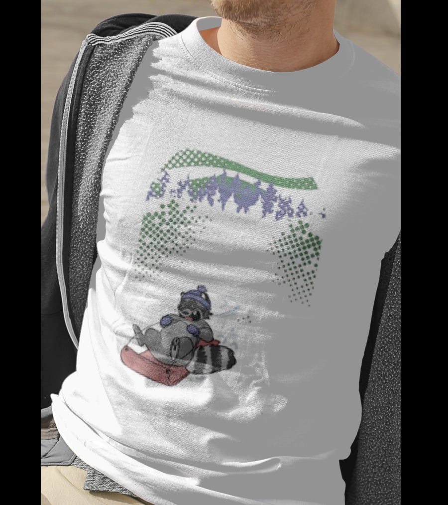 Raccoon Sledding In Winter Forest Scene With Evergreen Trees And Snowflakes T-Shirt