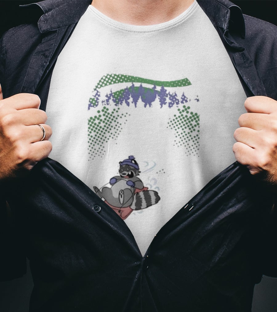 Raccoon Sledding In Winter Forest Scene With Evergreen Trees And Snowflakes T-Shirt