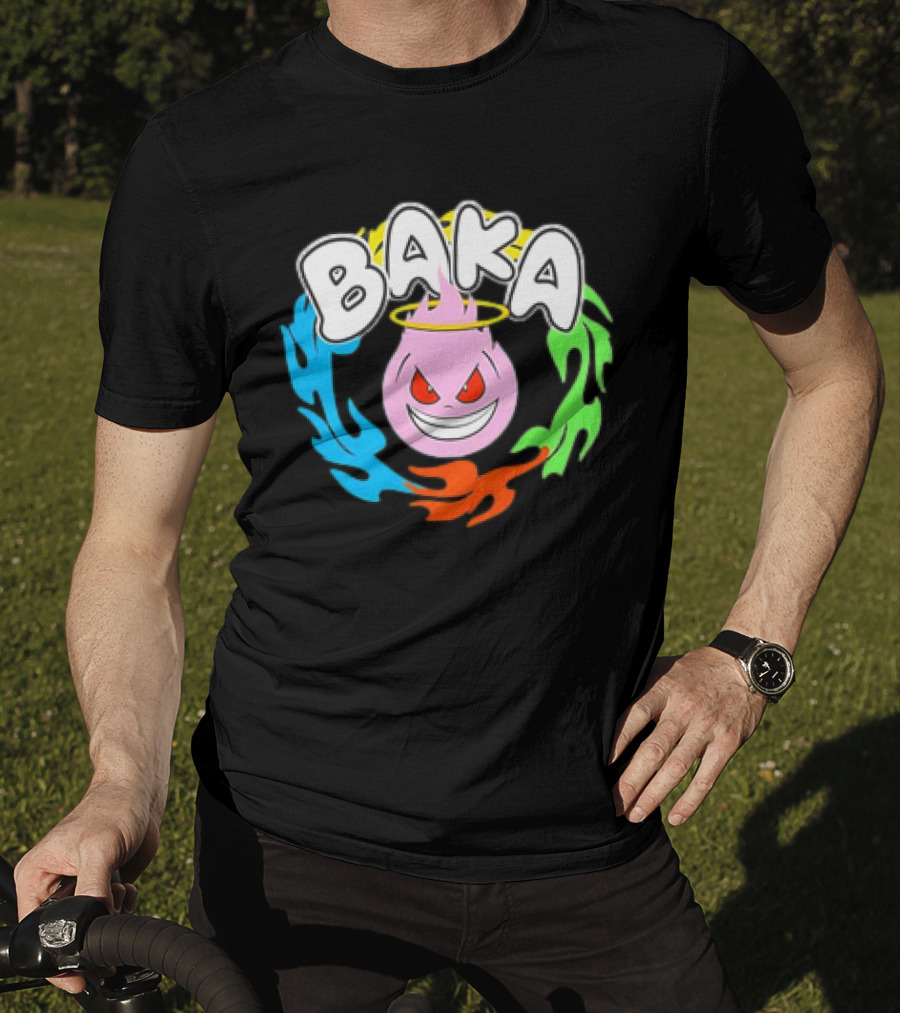 Baka Cartoon Flame With Mischievous Expression Surrounded By Colorful Fire Halo T-Shirt