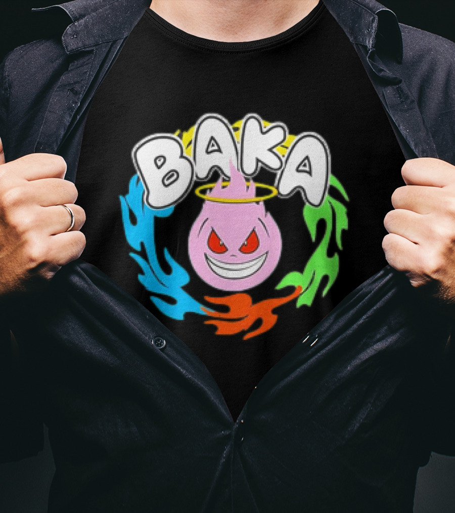 Baka Cartoon Flame With Mischievous Expression Surrounded By Colorful Fire Halo T-Shirt