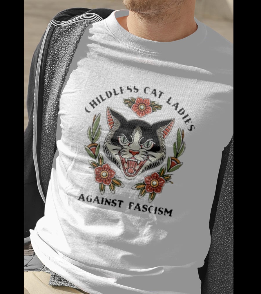 Childless Cat Ladies Against Fascism Fierce Cat Floral Emblem T-Shirt