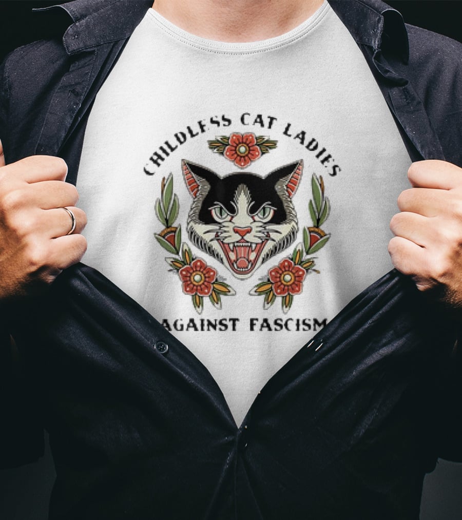 Childless Cat Ladies Against Fascism Fierce Cat Floral Emblem T-Shirt