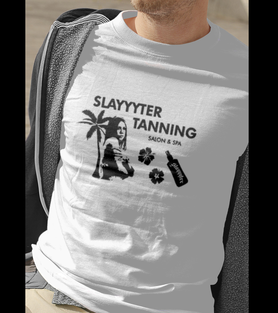 Slayyyter Tanning Salon And Spa Palm Flowers And Lotion Bottle T-Shirt