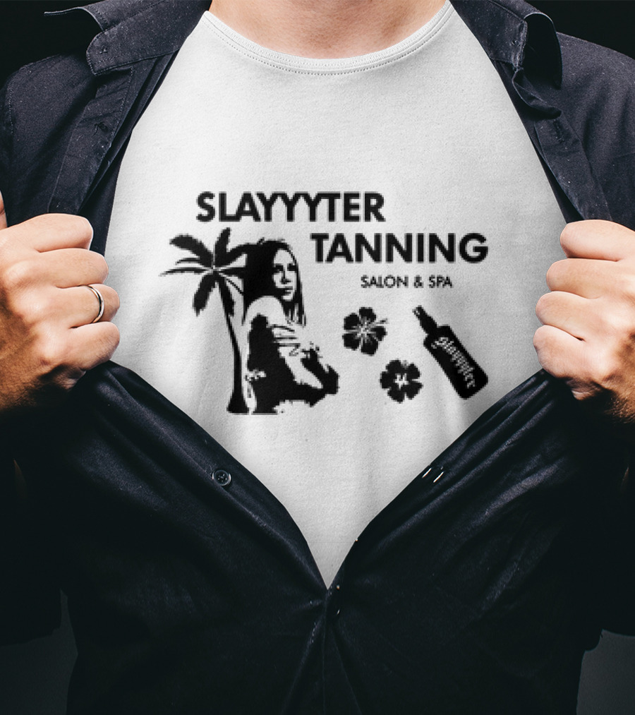 Slayyyter Tanning Salon And Spa Palm Flowers And Lotion Bottle T-Shirt