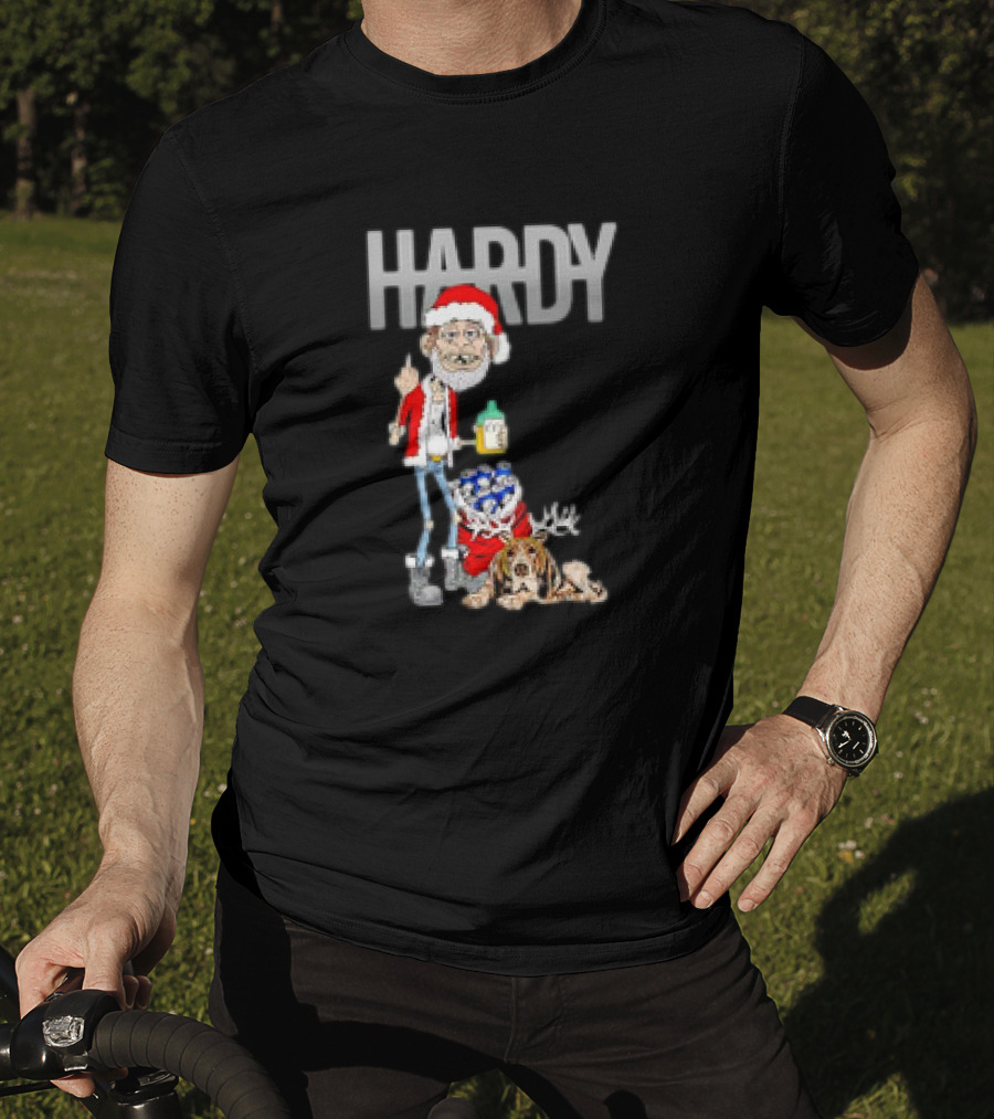 Hardy Jim Bob Holiday Christmas Santa With Beer And Reindeer Dog T-Shirt