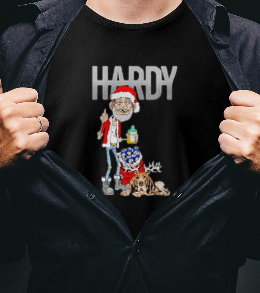 Hardy Jim Bob Holiday Christmas Santa With Beer And Reindeer Dog T-Shirt