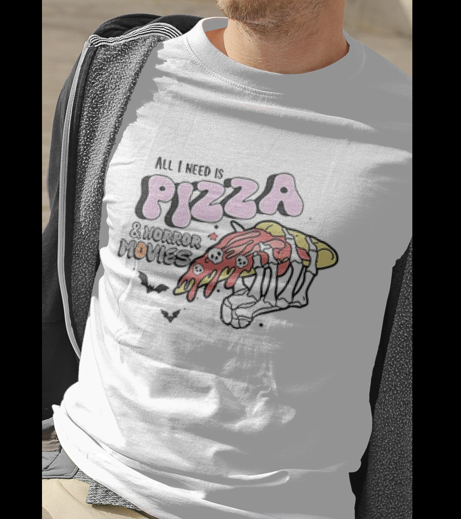 All I Need Is Pizza And Horror Movies Skeleton Hand With Bats And Skulls T-Shirt