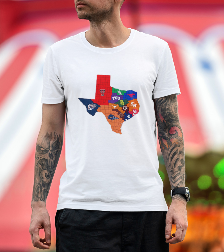Texas College Football Teams Map with Logos Including Texas Tech TCU SMU Baylor Texas A&M UTEP SHSU UTSA T-Shirt