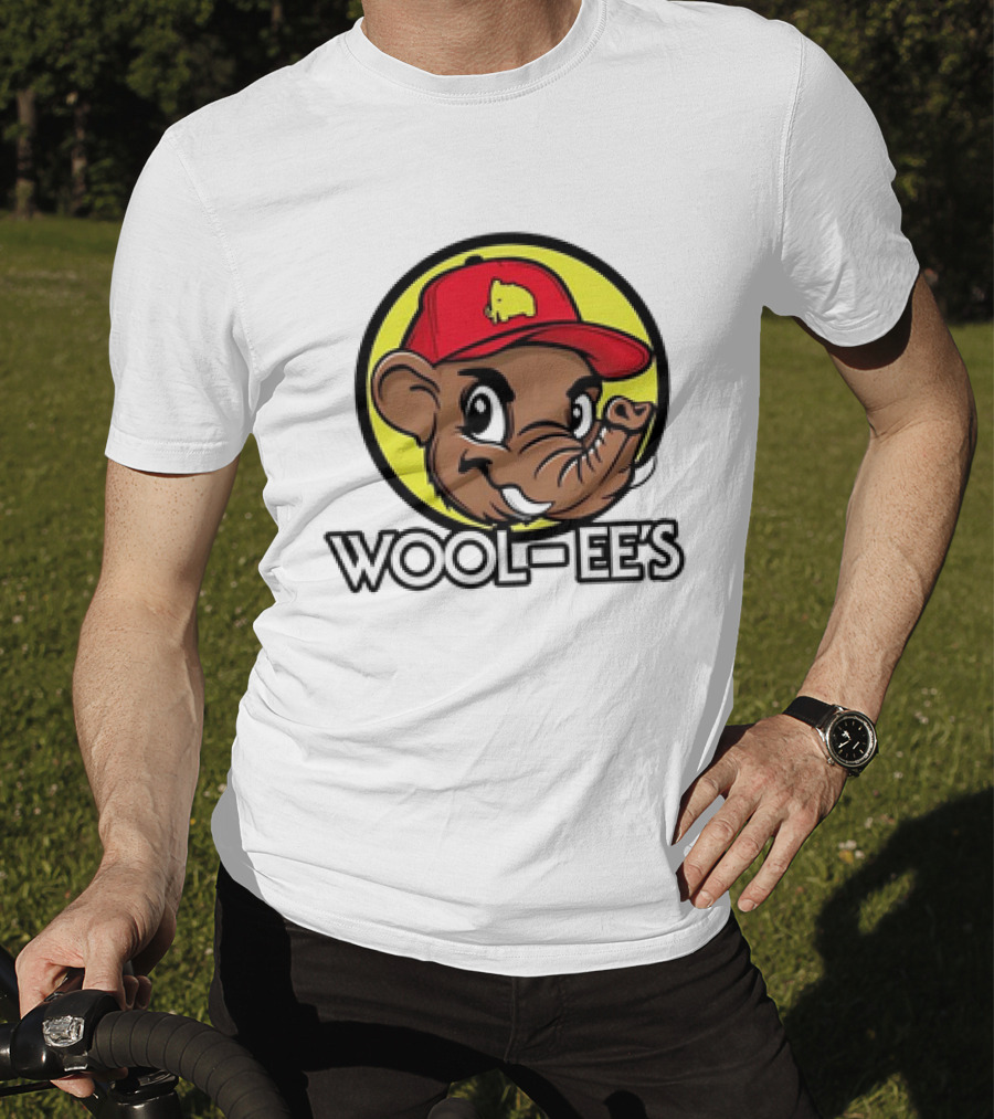 Wool-Ee’s Woolly Mammoth Cartoon Character In Red Cap With Yellow Background T-Shirt