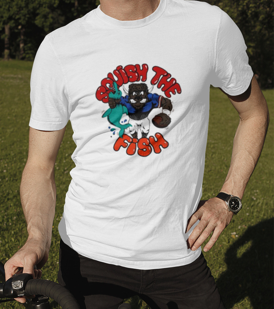 Homage Bills Squish The Fish Football Sports Graphic Cartoon T-Shirt