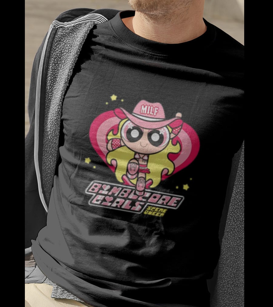 Bimbocore Girls Scene Queen Powerpuff MILF Cowboy Hat Pink Heart Flame T-Shirt
