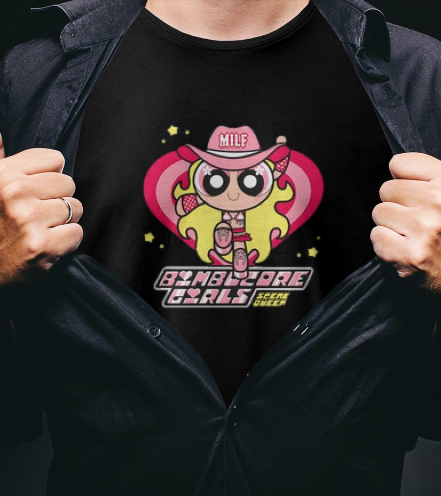 Bimbocore Girls Scene Queen Powerpuff MILF Cowboy Hat Pink Heart Flame T-Shirt