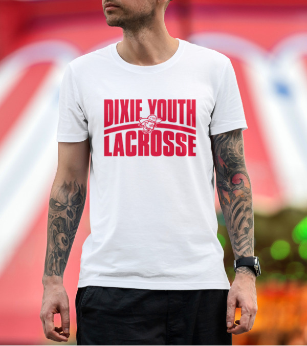 Premium T-Shirt: Dixie Youth Lacrosse Red Text Logo with Mascot Character T-Shirt Dixie Youth Lacrosse Red Text Logo with Mascot Character T-Shirt
