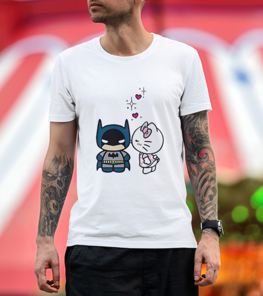 Hello Kitty Kissing Batman with Hearts and Sparkles T-Shirt