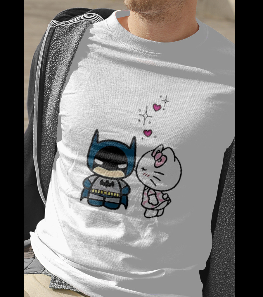 Hello Kitty Kissing Batman With Hearts And Sparkles T-Shirt