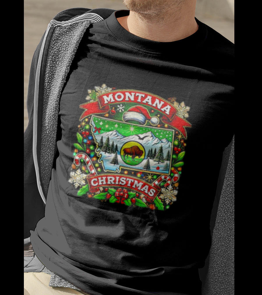 Montana Christmas Snowy Mountains And Buffalo Holiday Festive T-Shirt