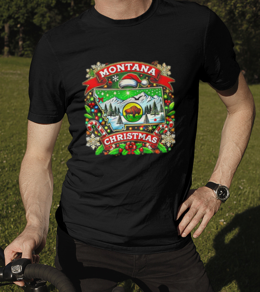 Montana Christmas Snowy Mountains And Buffalo Holiday Festive T-Shirt
