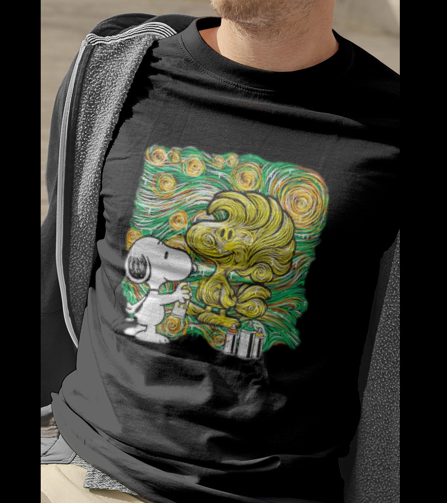 Peanuts Snoopy Spray Painting Woodstock In Starry Night Graffiti T-Shirt