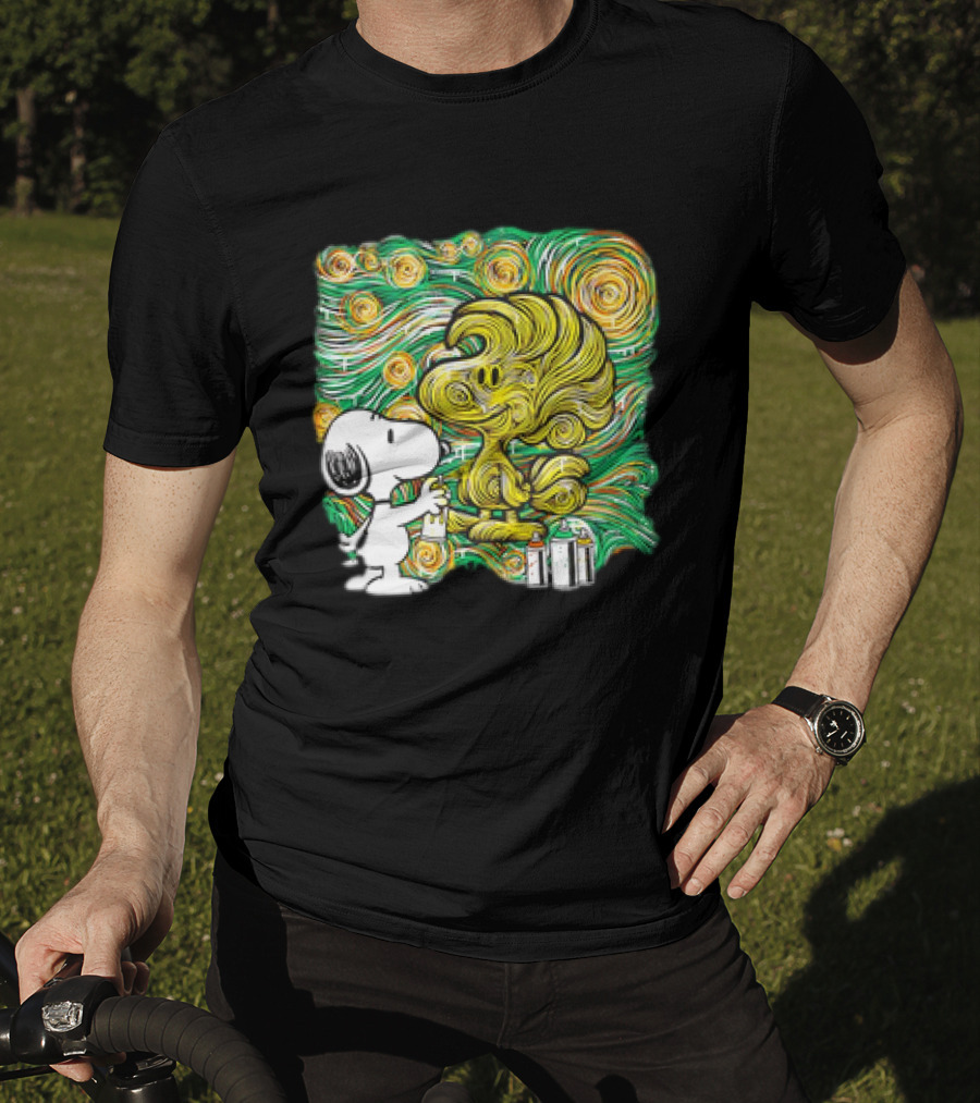 Peanuts Snoopy Spray Painting Woodstock In Starry Night Graffiti T-Shirt