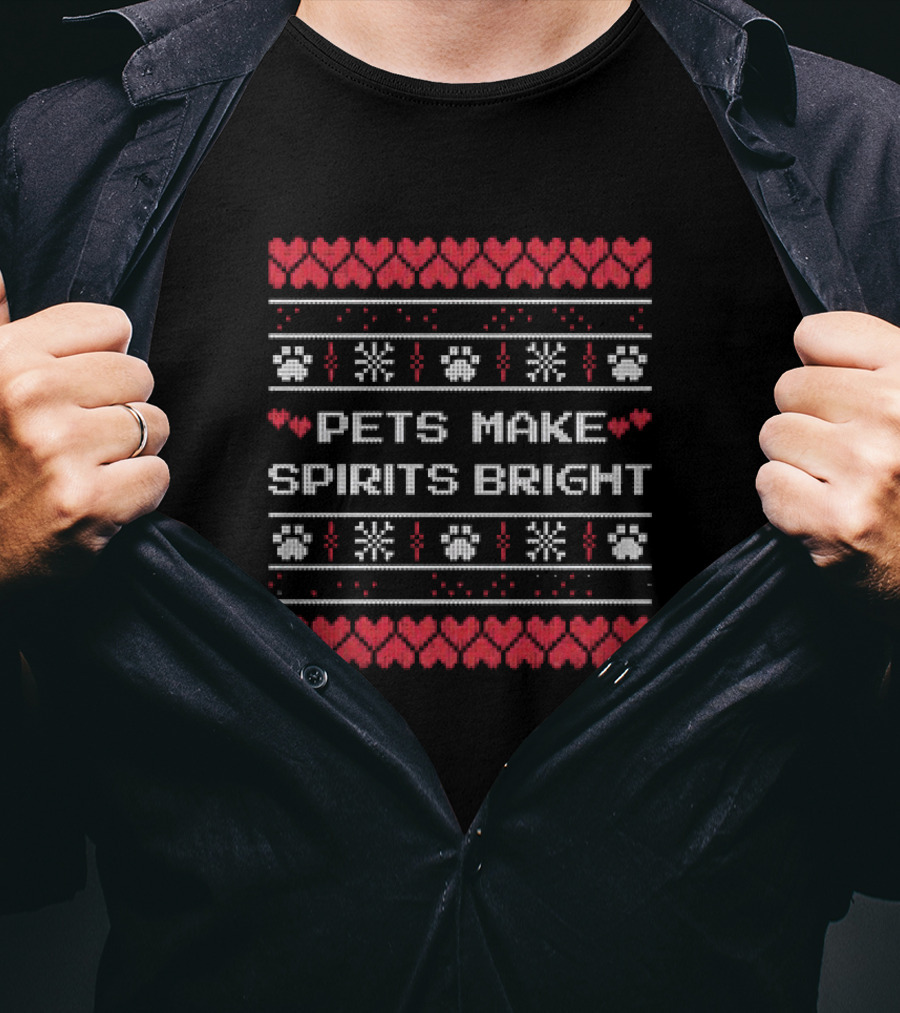 Pets Make Spirits Bright Christmas Ugly Sweater Paw Print Heart Snowflake T-Shirt