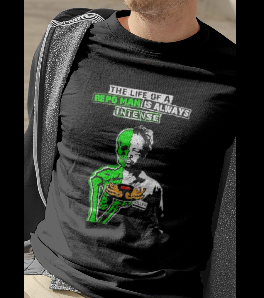 The Life Of A Repo Man Is Always Intense Skull Duality Neon Green Skeleton Black Hat Grim Reaper Delivery Pizza Box Killer T-Shirt