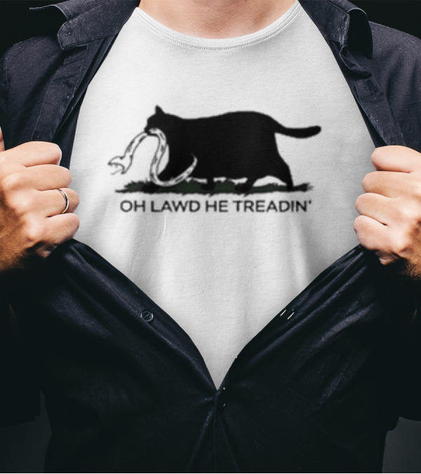 Oh Lawd He Treadin' Cat Silhouette Biting Snake T-Shirt