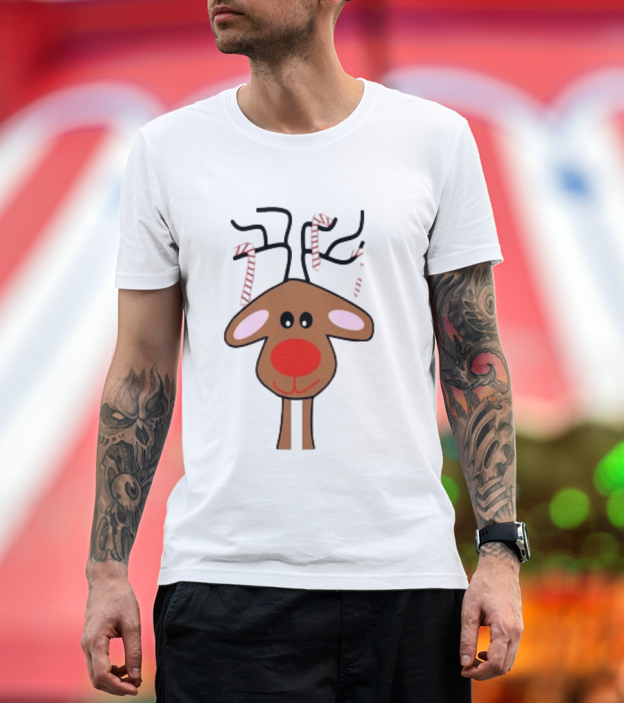 Red Nose Christmas Reindeer with Candy Cane Antlers T-Shirt