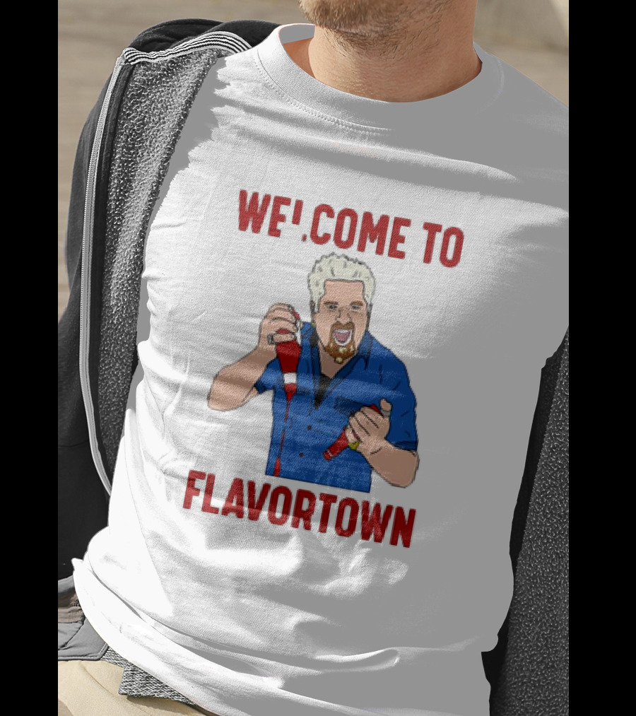 WECOME TO FLAVORTOWN Flavortown Guy Character Cartoon Blue Shirt Red Bottles T-Shirt