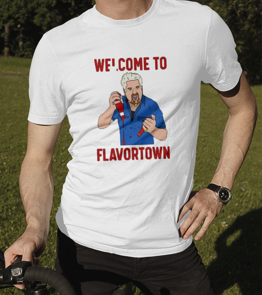 WECOME TO FLAVORTOWN Flavortown Guy Character Cartoon Blue Shirt Red Bottles T-Shirt