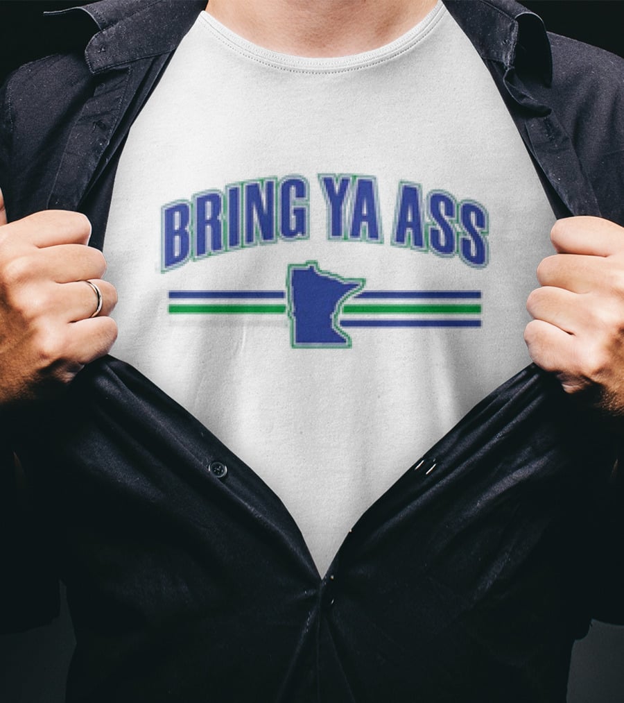 Bring Ya Ass Team Minnesota Outline Хоккейный поиск – Green Blue Stripes T-Shirt