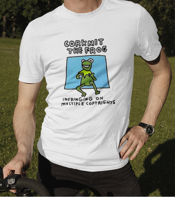 Corkmit The Frog Infringing On Multiple Copyrights Green Frog Cartoon With Blue Background T-Shirt
