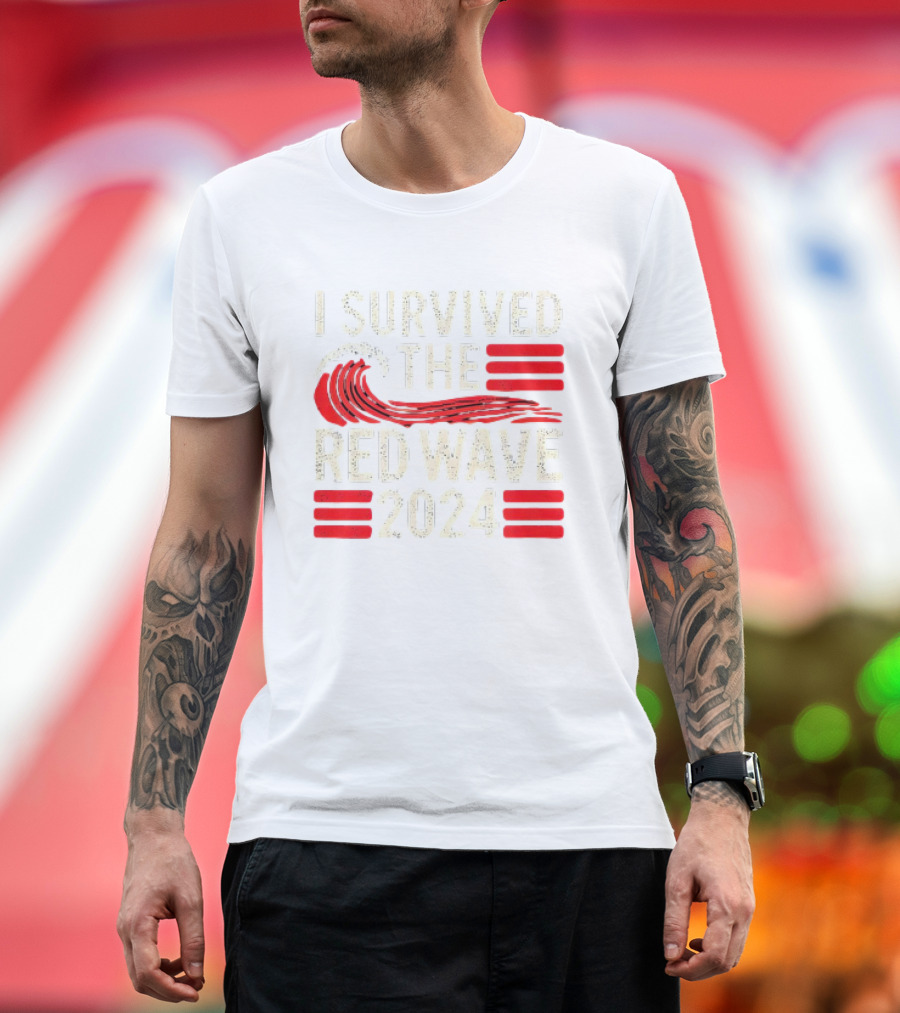 I Survived the Red Wave 2024 with Bold Red Wave and Stripe Symbols T-Shirt