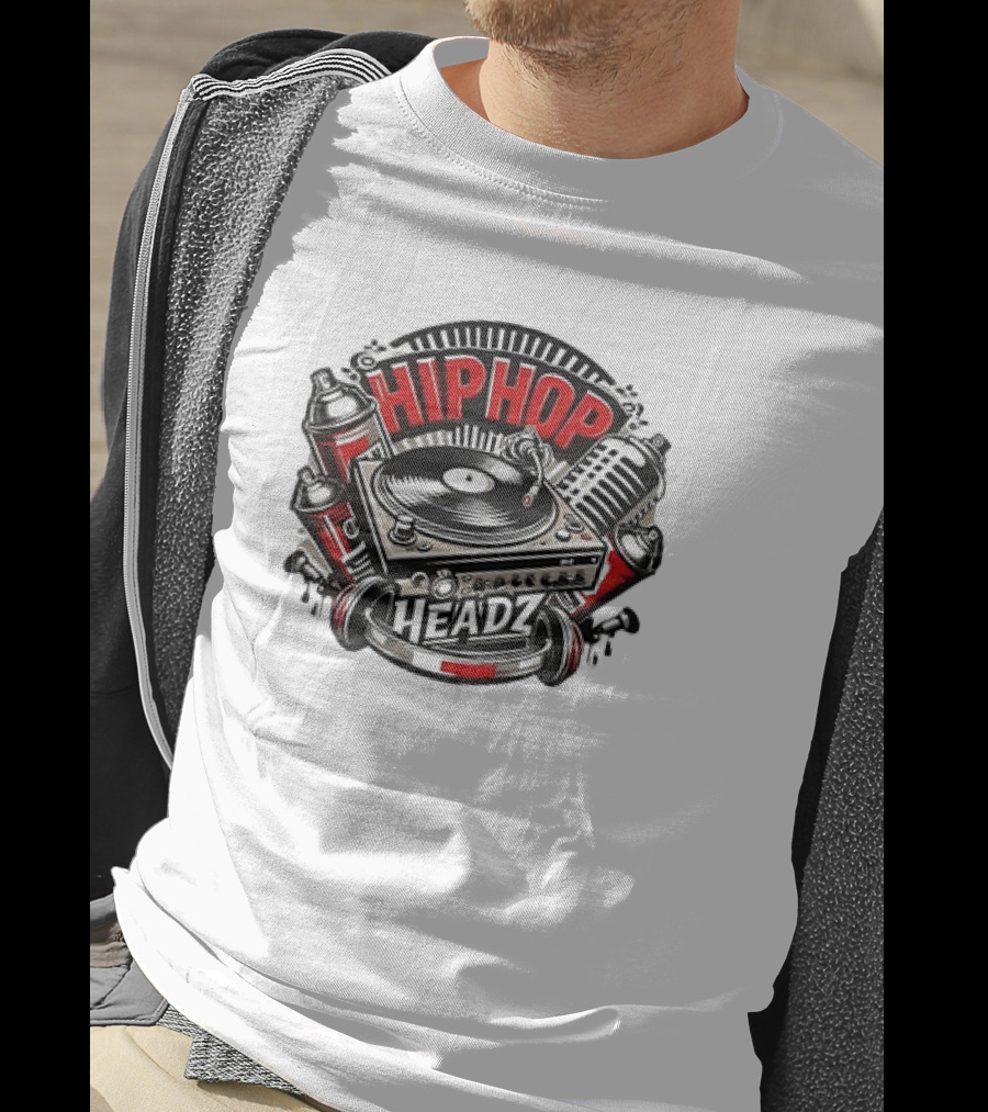 Hip Hop Headz Vinyl Record Player Turntable Spray Cans Microphone T-Shirt