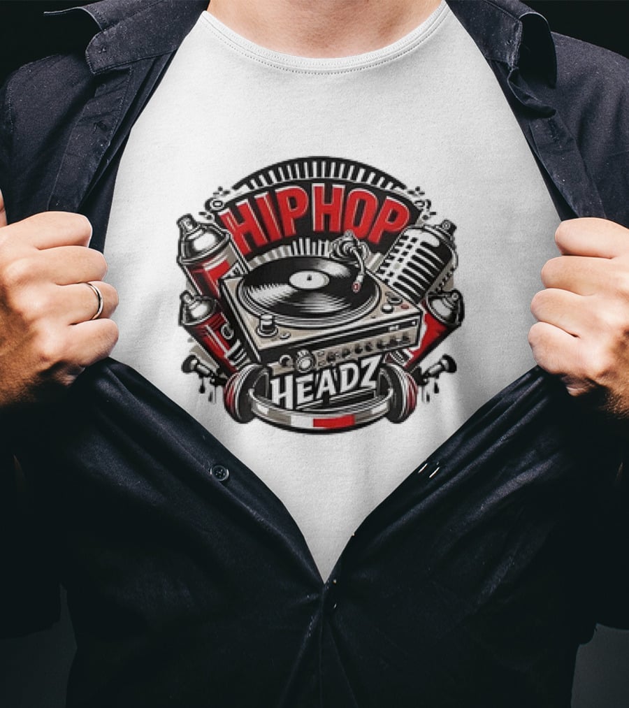 Hip Hop Headz Vinyl Record Player Turntable Spray Cans Microphone T-Shirt