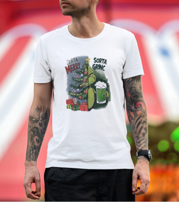 Premium T-Shirt: Sorta Merry Sorta Grinch Christmas Tree and Green Drink T-Shirt Sorta Merry Sorta Grinch Christmas Tree and Green Drink T-Shirt