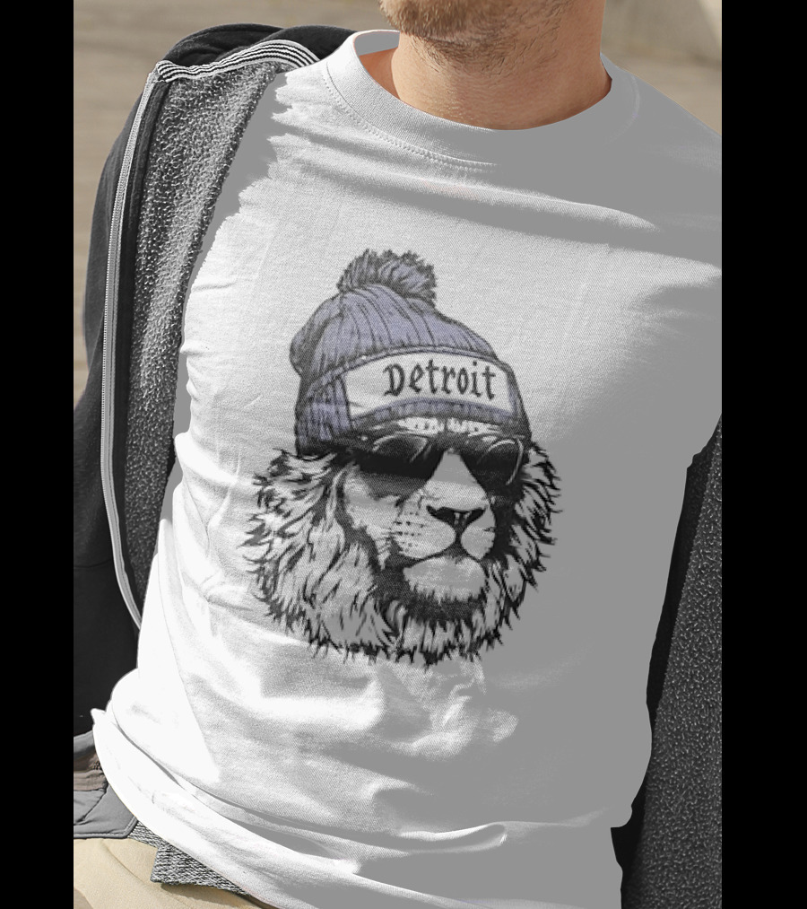 Detroit Lion Wearing Sunglasses And Beanie T-Shirt