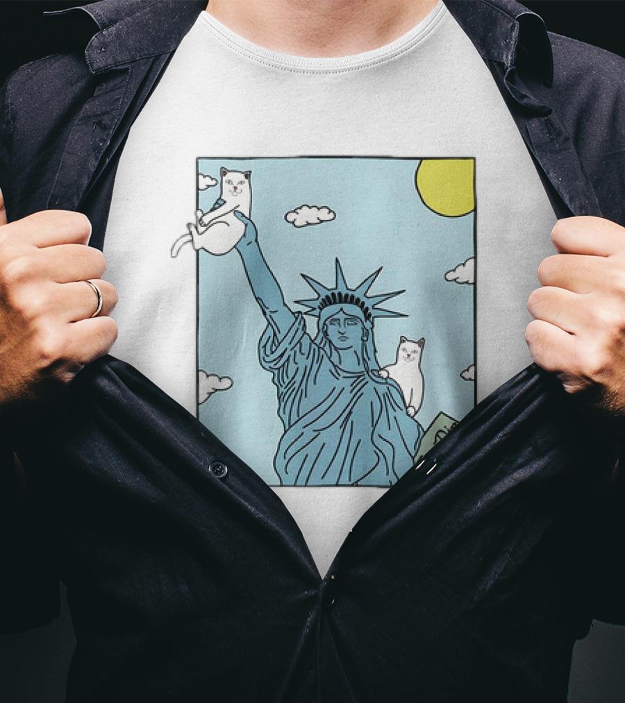 Statue Of Liberty With Cats And Rip N Dip Clouds T-Shirt