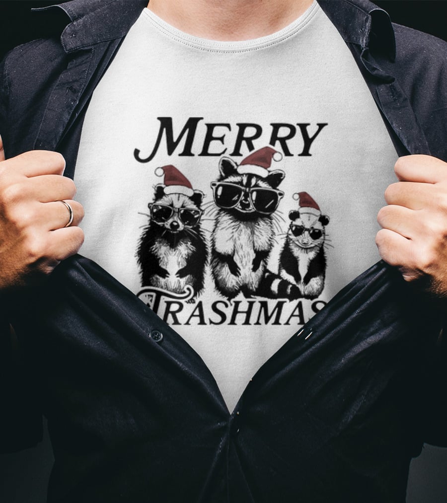 Merry Trashmas Raccoons In Santa Hats With Sunglasses Christmas T-Shirt