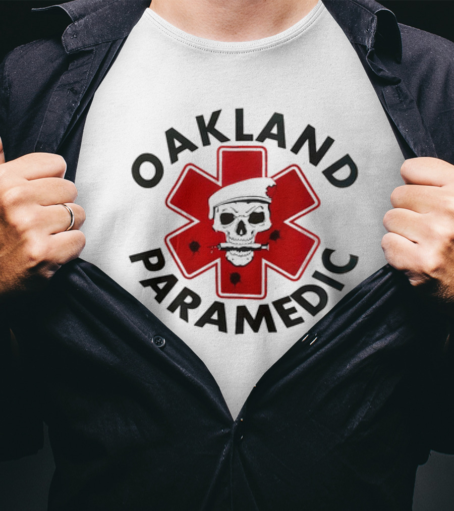 Oakland Paramedic Skull With Santa Hat And Red Cross T-Shirt