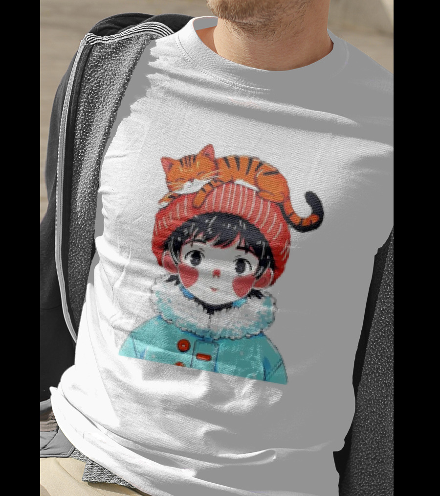 Cute Anime Child In Winter Coat With Adorable Cat Hat T-Shirt