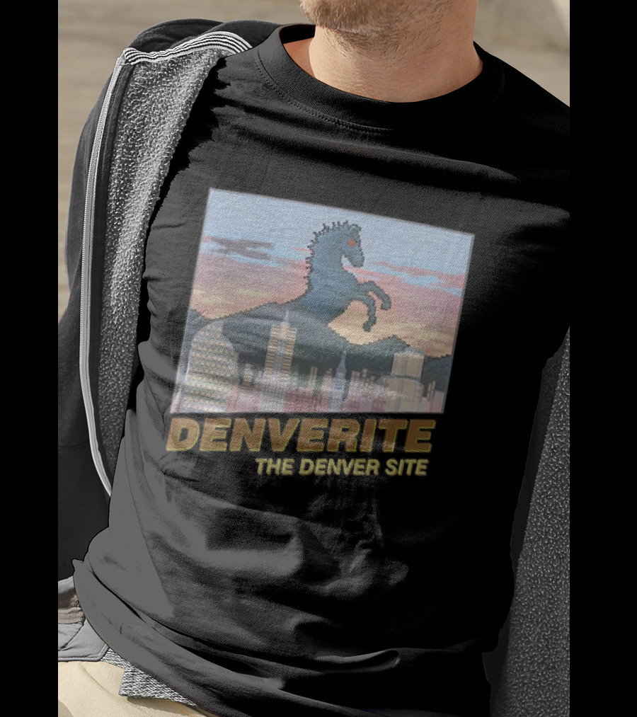 Denverite The Denver Site City Skyline And Rearing Blue Mustang T-Shirt