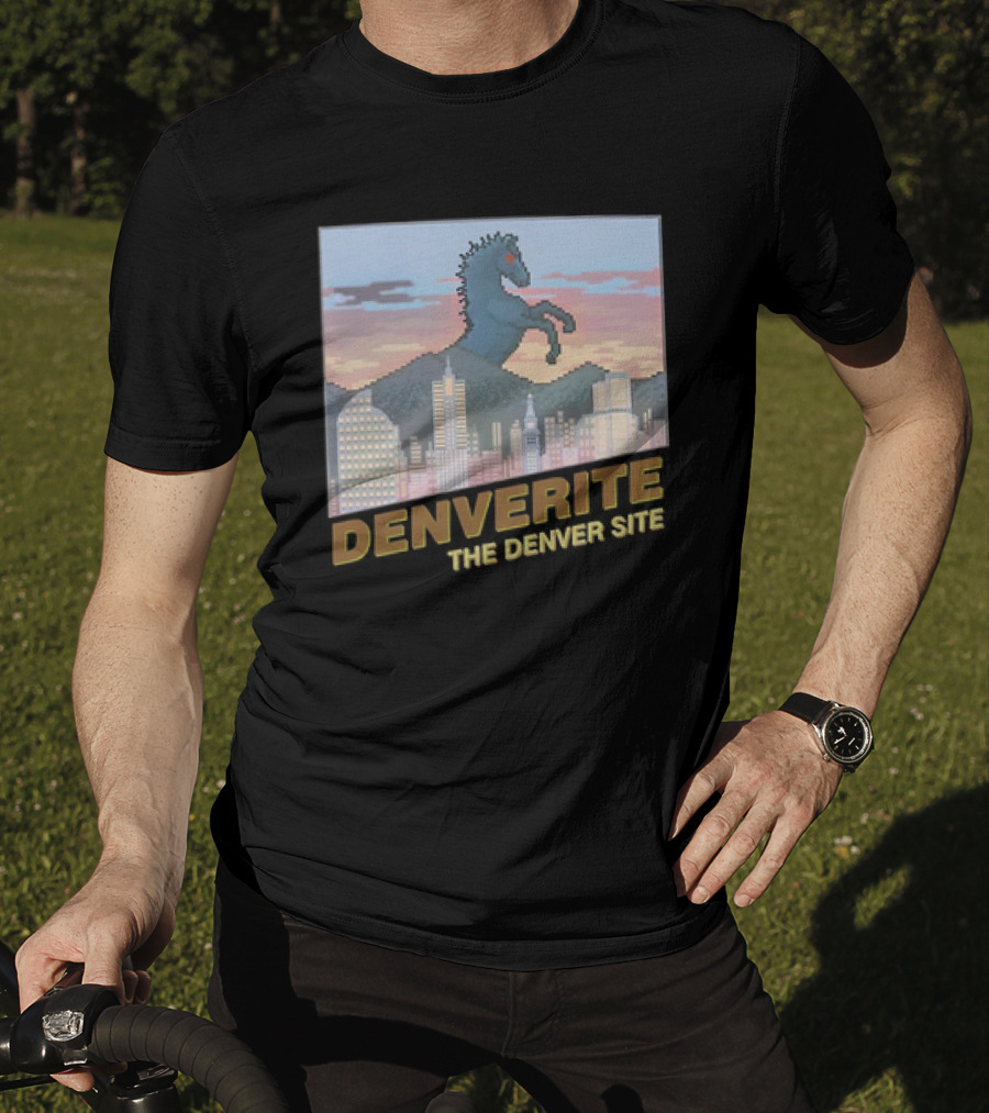 Denverite The Denver Site City Skyline And Rearing Blue Mustang T-Shirt