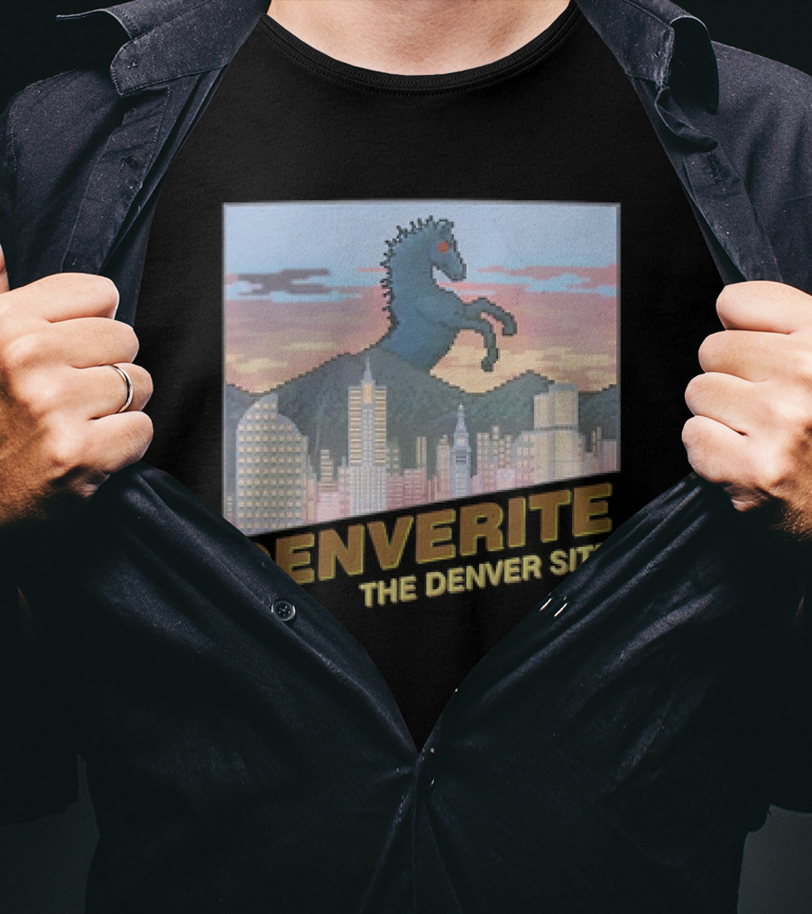 Denverite The Denver Site City Skyline And Rearing Blue Mustang T-Shirt
