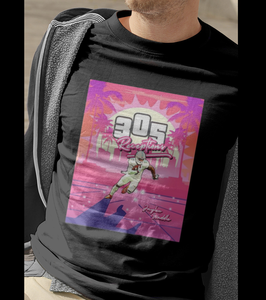 Jaylen Waddle 305 Receptions Miami Dolphins Tropical Sunset Scene T-Shirt
