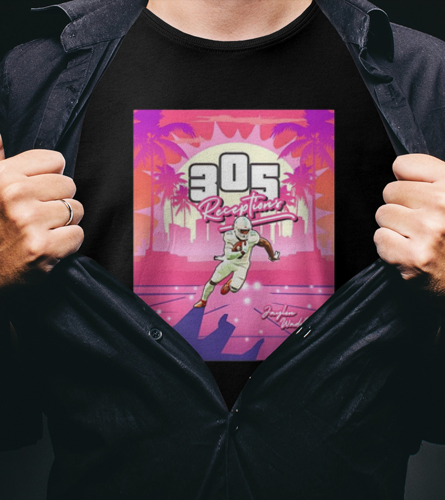 Jaylen Waddle 305 Receptions Miami Dolphins Tropical Sunset Scene T-Shirt